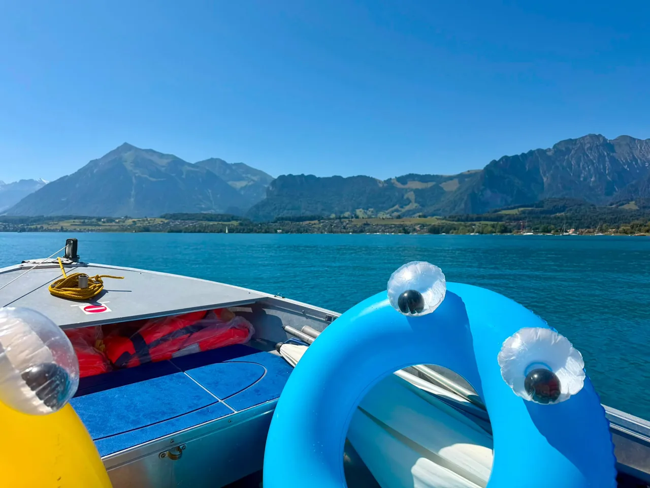 Blick vom Boot mit blauem Schwimmring auf den Thunersee